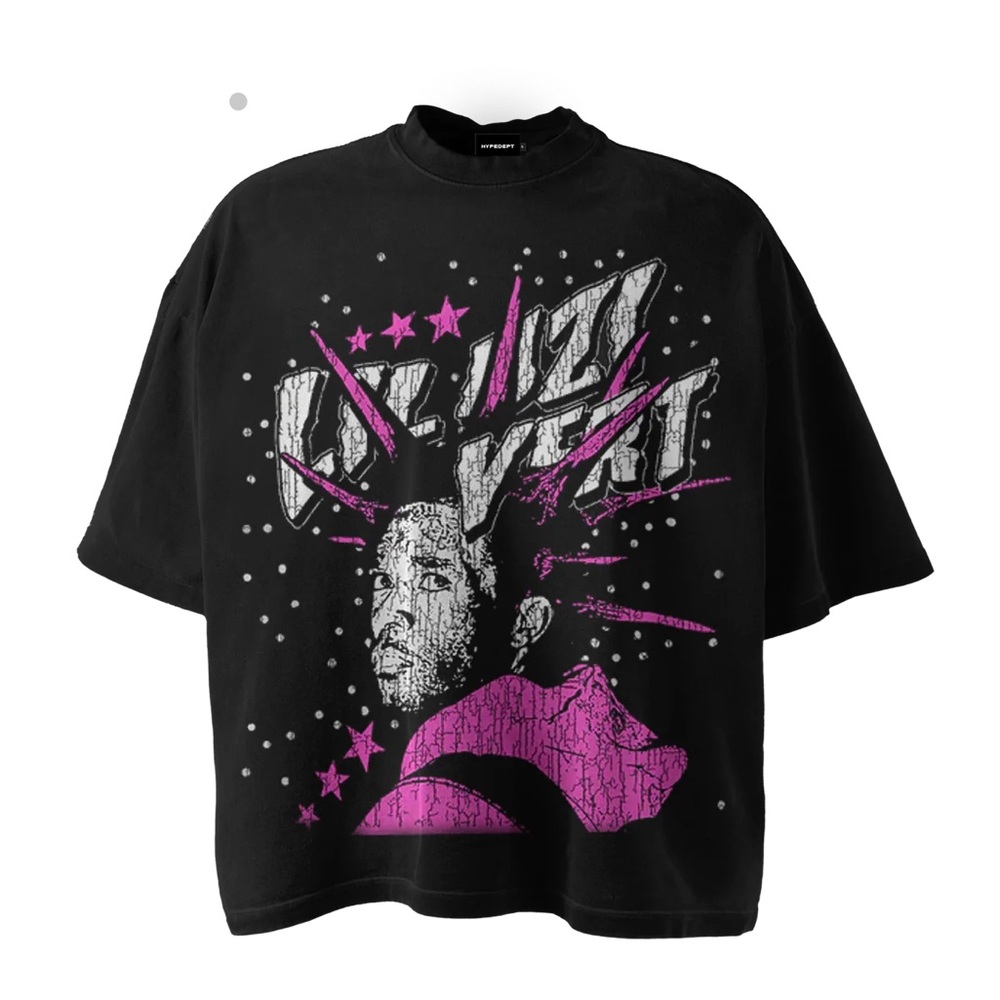 HypeDept Lil Uzi Vert Pink Tape Graphic Black Tee Pop Art Design Boxy Size L